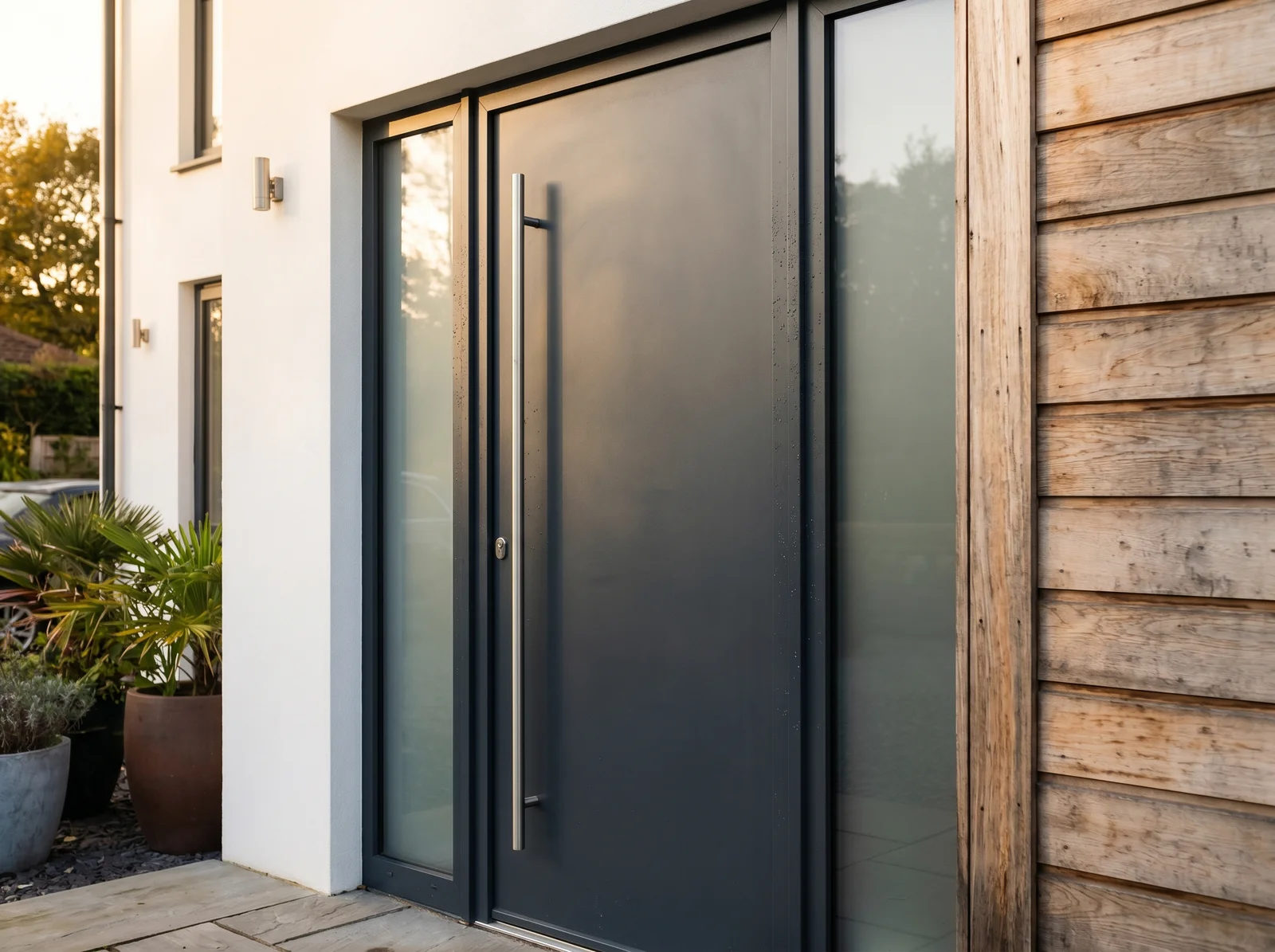 Grande porte d’entrée en aluminium anthracite avec bardage bois
