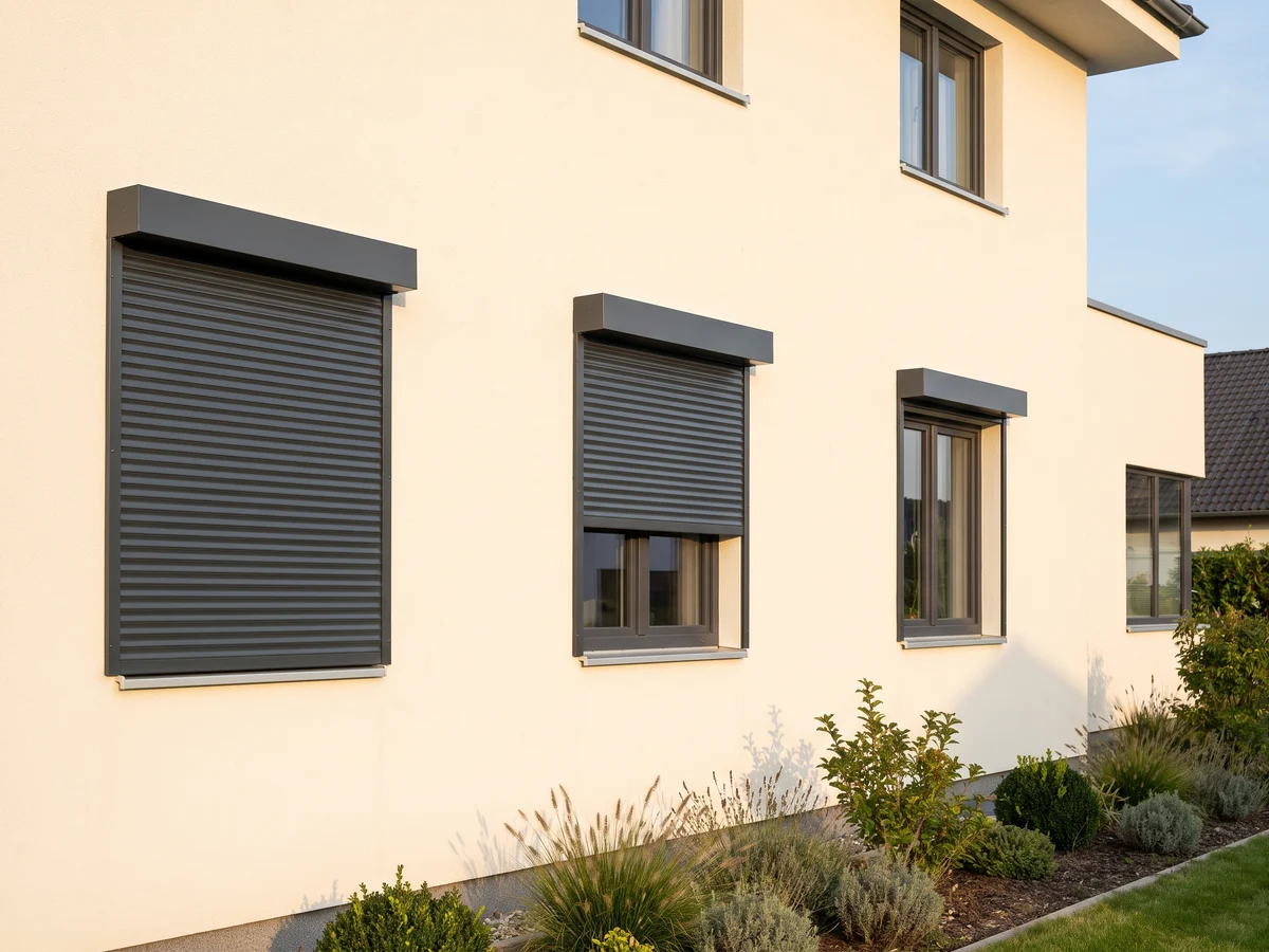 Volet roulant en façade anthracite au-dessus d’une fenêtre sur façade moderne