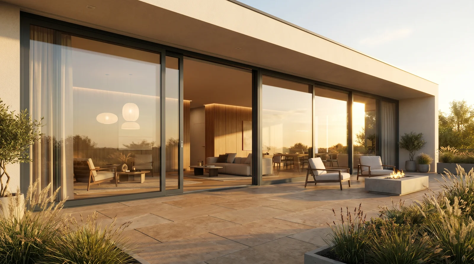 Portes de terrasse en aluminium modernes ouvrant l’intérieur sur le jardin