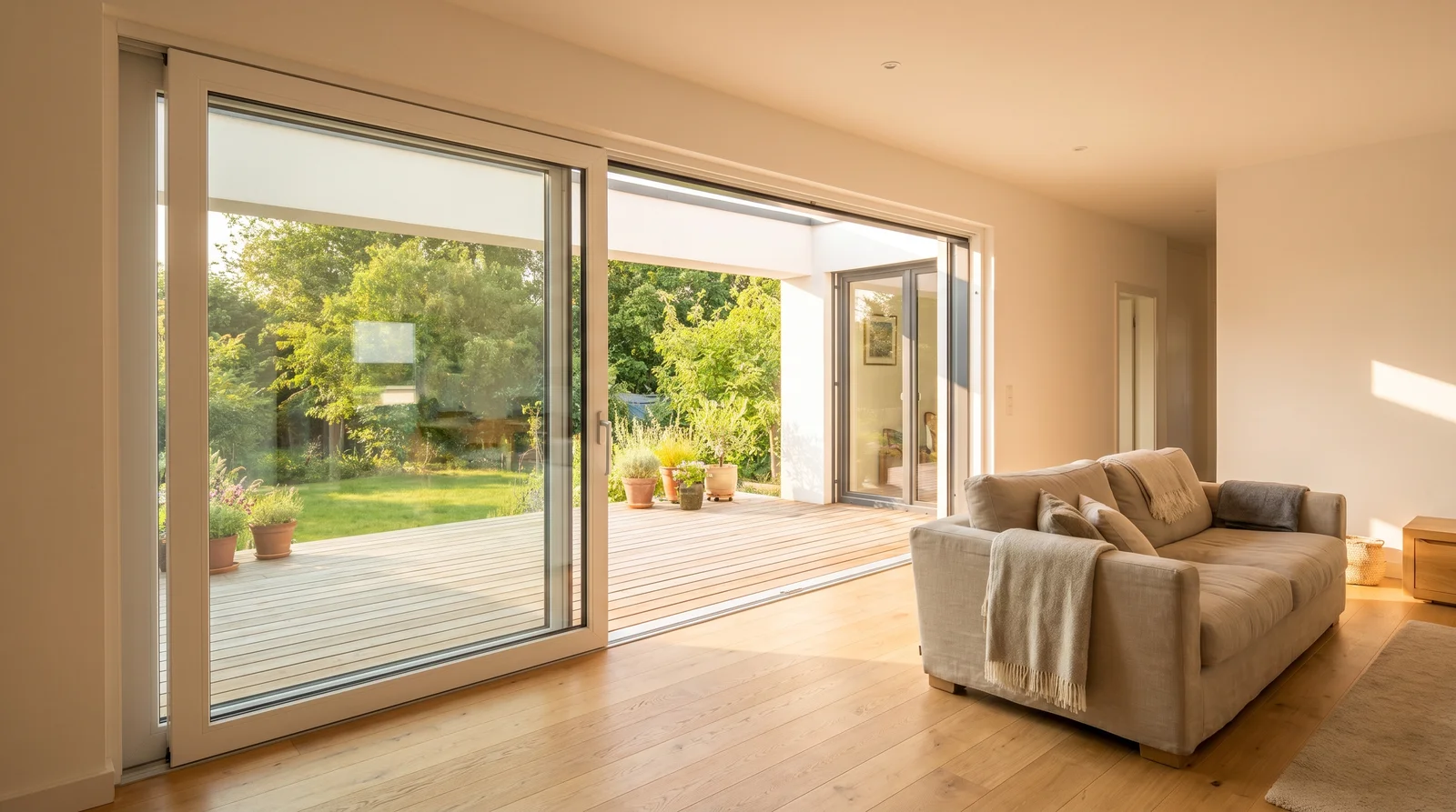 Baies coulissantes HST PVC blanches grandes ouvertes — intérieur se prolongeant sur la terrasse