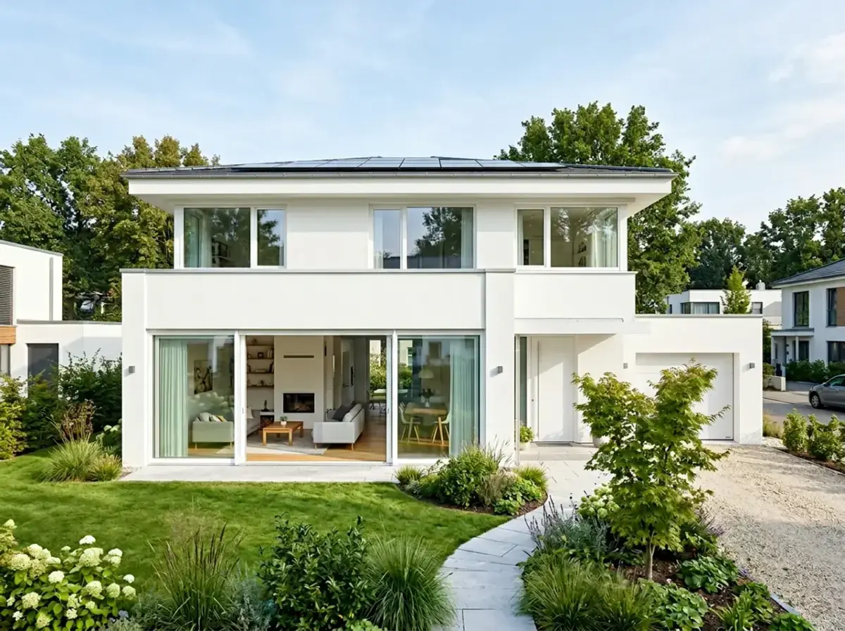 Maison moderne avec de grandes fenêtres en PVC – vue extérieure